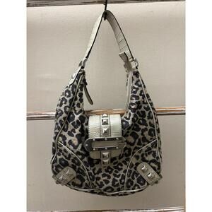 Vintage Guess Leopard Canvas Croc Leather Studded Hobo Bag